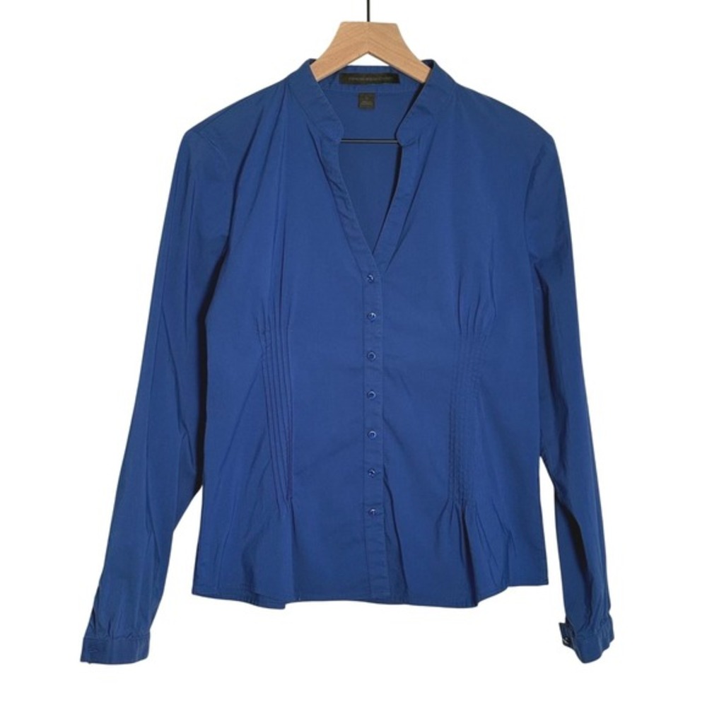 Vintage Express Pintuck Blouse Large Royal Blue Stretch Work Top Y2K Preloved